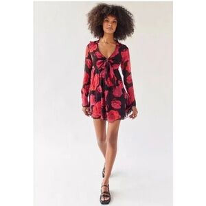UO Kiki Tie-Front Roses Mini Dress Size medium Long Bell Sleeve Cutout Coquette